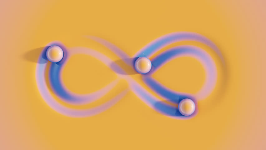 Orange pastel balls rolling along infinity-shaped path on soft surface, leaving fading blue trail behind. Top view of spheres interacting with liquid material. 3D render animation. Seamless loop