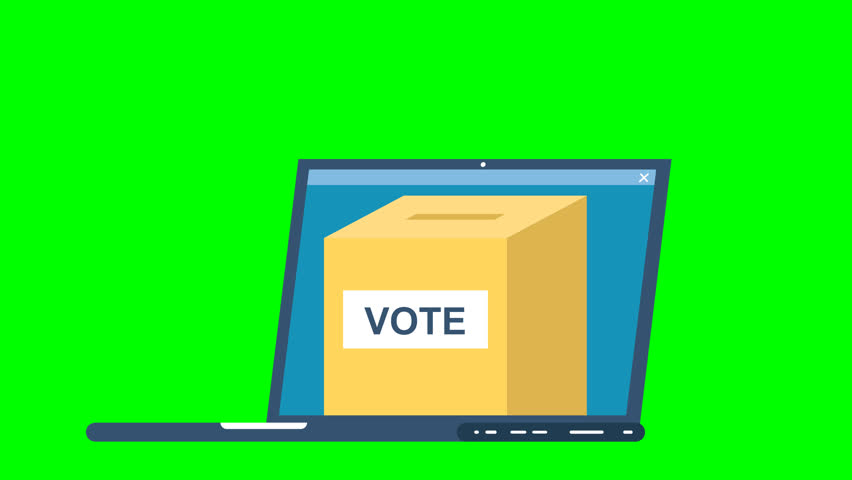 Businessman hand putting voting paper into ballot box that come out from laptop monitor. Hand putting voting paper in the ballot box on a laptop screen. Online vote. 2d flat animation. Alpha channel