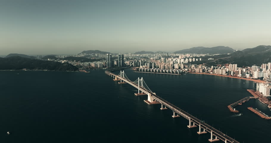 Drone view of Gwangan bridge in Busan, South Korea in the morning
