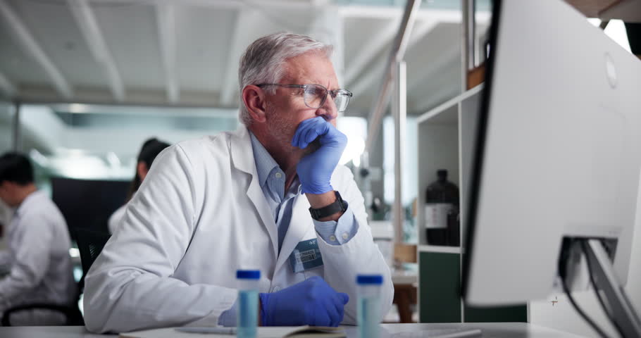 Computer, scientist and man in lab with mistake, bad news or test deadline for virus crisis. Mature, headache or frustrated person reading science report error, healthcare issue or medical research