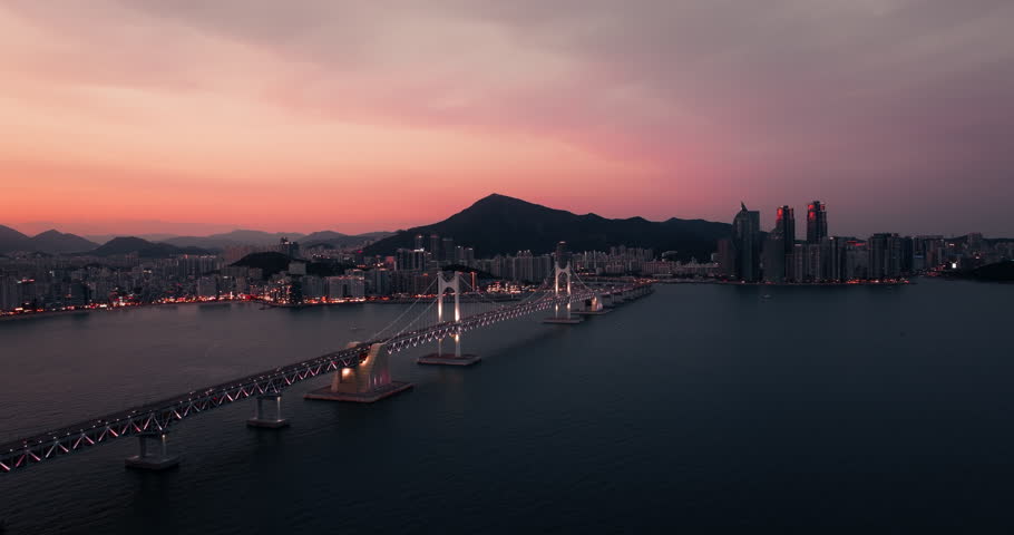 Aerial view of traffic on Gwangan suspension bridge in Busan, South Korea at night