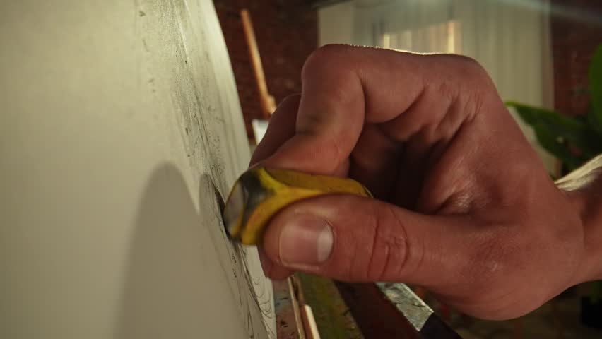 Education for developing artistic skills. Person at easel drawing on canvas during art class in studio, close up shot of hand with eraser erasing parts of the drawing. Slow motion.