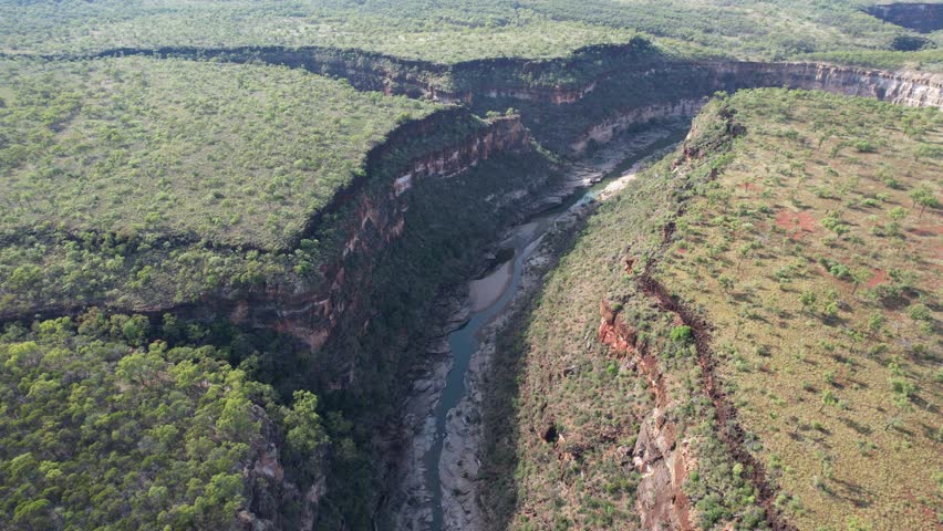 Spectacular smooth cinematic aerial of Porcupine Gorge in outback Queensland Australia