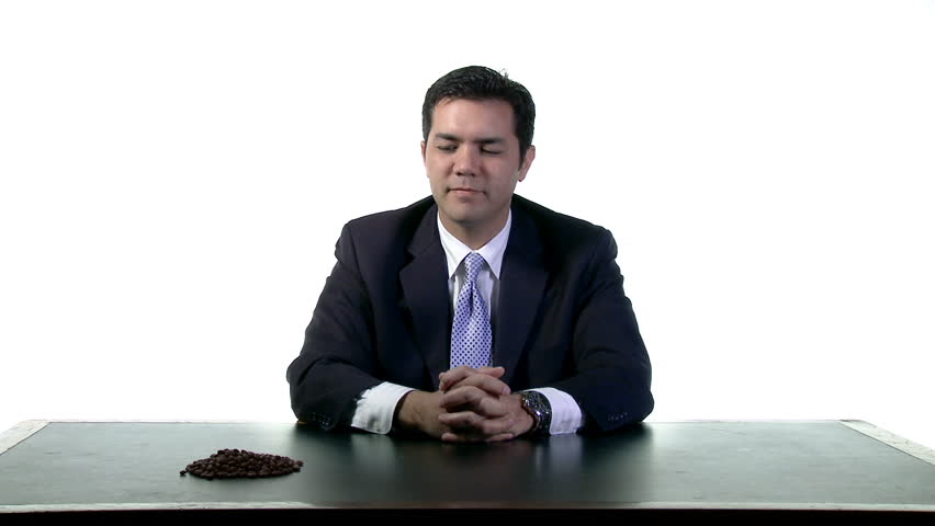Corporate bean counter, an accountant in a suit, counts up beans and tallies the