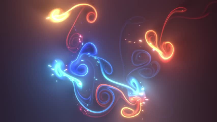 A colorful digital artwork featuring swirling shapes of blue and orange energy like representations of natural elements.