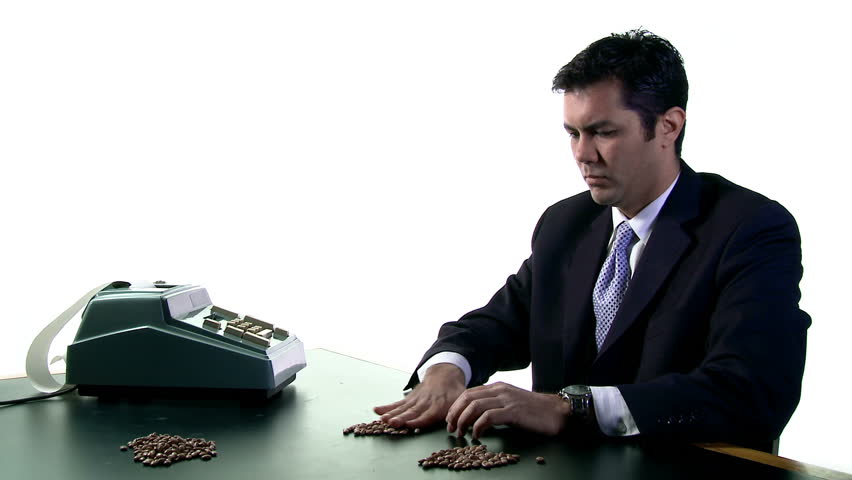Corporate bean counter, an accountant in a suit, counts up beans and tallies the