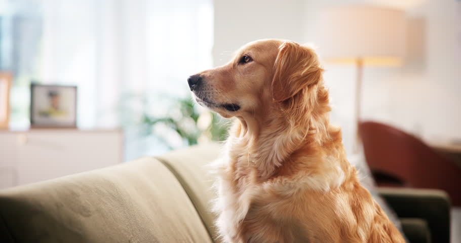 Dog, relax and animal thinking in home as domestic companion or profile of Golden Retriever on sofa. Pet, living room and canine waiting on couch for comfort, rest and curious with peace or calm