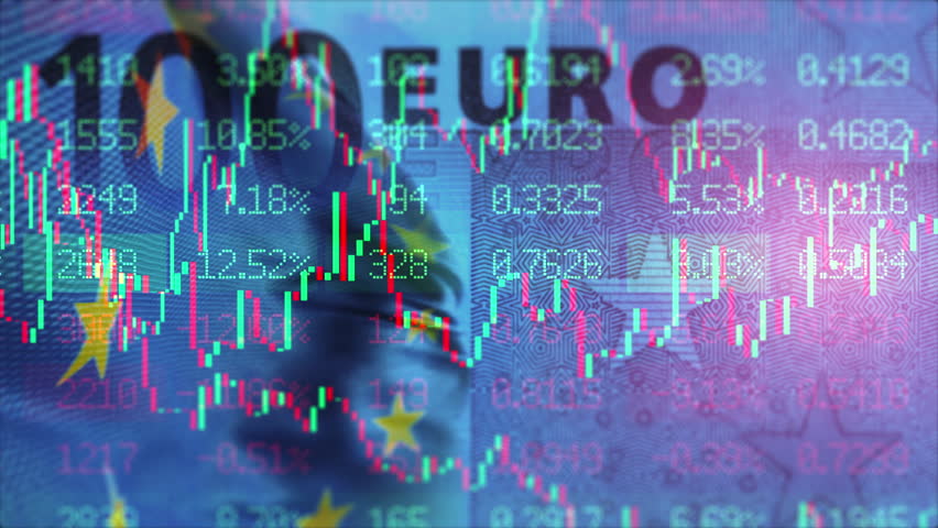 Stock market chart prices. 100 euro banknote background. Financial indexes candlestick graph. Investment analysis and currency exchange concept. European banks and economy