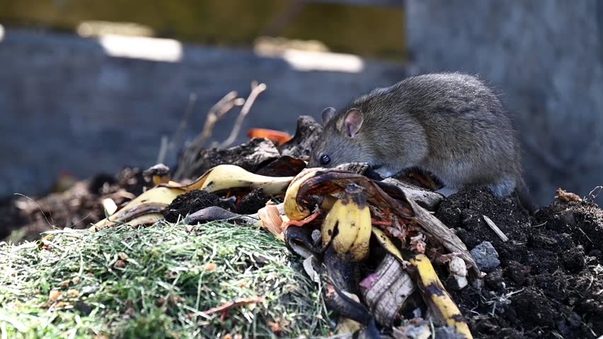 Close-up of brown rat foraging and eating food scraps on organic compost heap outdoors, 33 seconds without sound