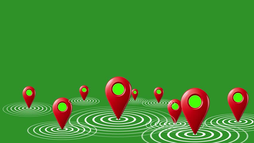 location pins, red and green, green background, GPS markers, concentric circles, mapping symbols, digital cartography