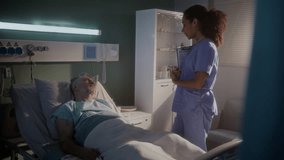African American woman doctor talks to fatigued old man on bed in ward. Young black medic consults senior man recovering in palliative care center - Powered by Shutterstock - Get 15% off with code: PIKWIZARD15