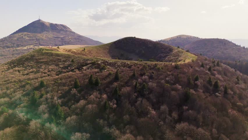 Beautiful video and aerial view in Auvergne Massif central over Puy de Pariou and Puy-de-Dôme mountain 