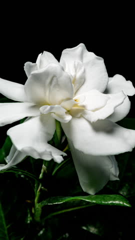 White Flower Opening Time Lapse with Rotating Effect. Gardenia Jasminoides or Cape Jasmine Flower Blooming on Green Leaves Background in Timelapse