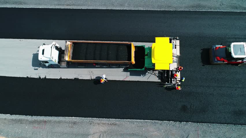 Road Workers and Asphalt Paver in Action | Aerial View of Street Paving Construction Process