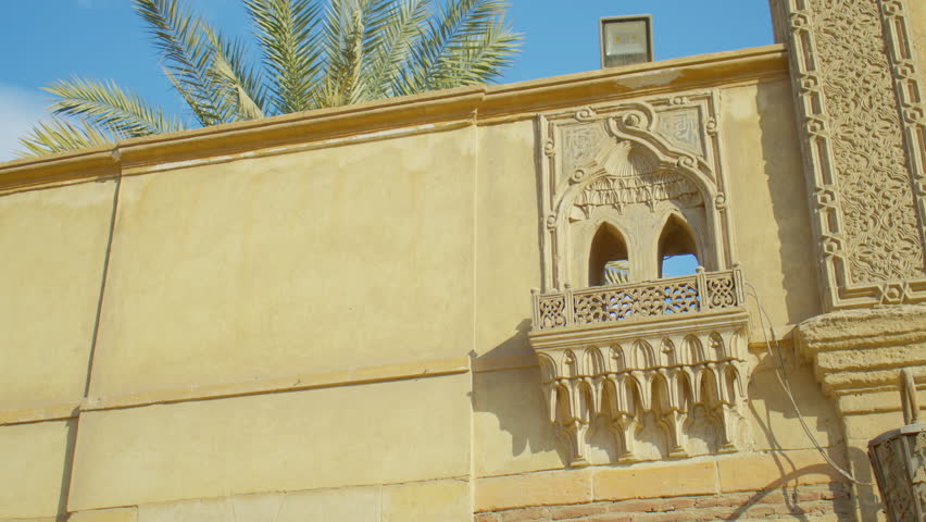 Ornate decorated gate of ancient Byzantine-Coptic church in Old Cairo. Main gates and facade of historical landmark: Saint Virgin