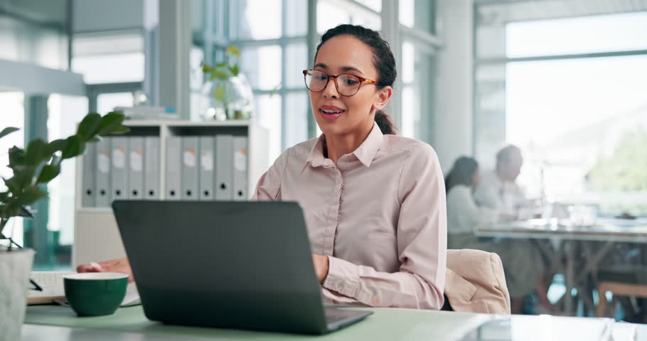 Business woman, drinking coffee and smile in office for creative inspiration, project insight and story reflection. Journalist, media agency and employee with thinking for online research and reading