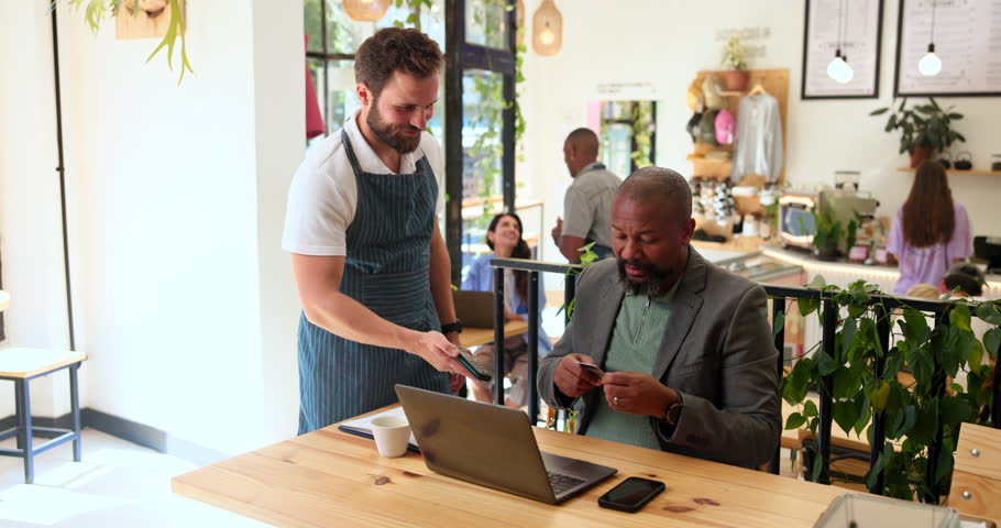 Coffee shop, people and credit card on machine for payment with digital transaction, financial service and POS. Businessman, waiter and smile with easy tap in cafe for fintech, RFID and beverage bill