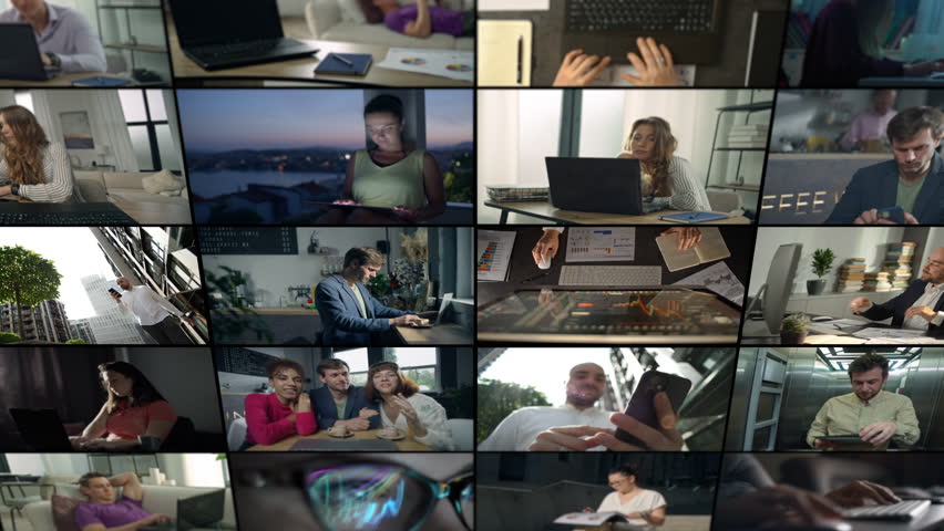 Video collage of work in the home office. People work remotely at the computer, business finance internet network. High quality 4k footage