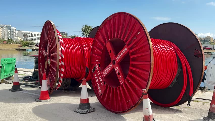 Large red industrial cable reels on a port dock with a sea bay in the background, surrounded by plastic safety cones. Concept of urban construction and reconstruction