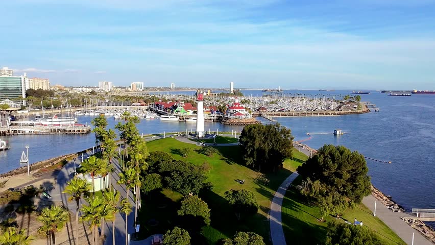 Aerial panoramic view of the Long Beach coastline, harbour, and Marina in Long Beach CA, USA.
