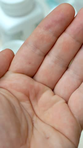 Man palm held open as yellow pills pour from bottle. Pills scatter across hand, representing daily treatment, self care, health focused routines