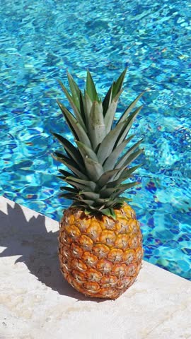 Pineapple near swimming pool at poolside. Summer holidays. Closeup. Vertical footage