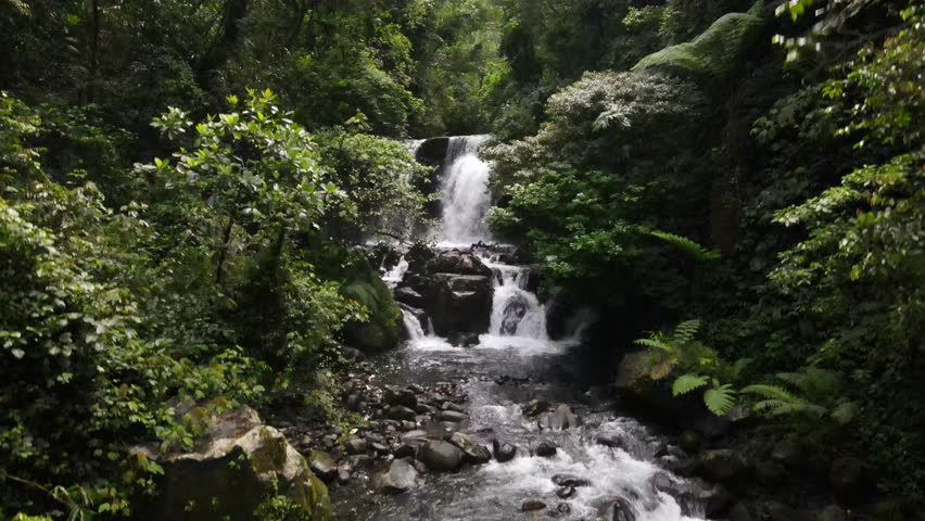 Aerial scenery of hidden and beautifu waterfall in the middle of forest