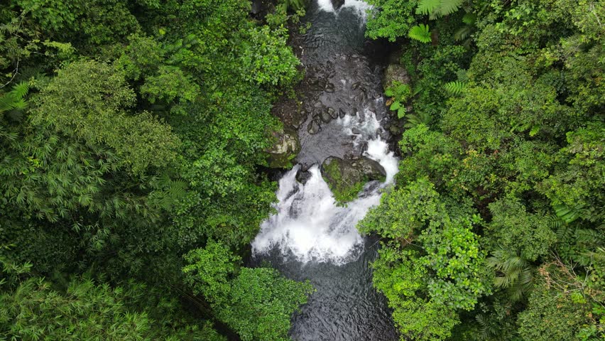 Aerial scenery of hidden and beautifu waterfall in the middle of forest