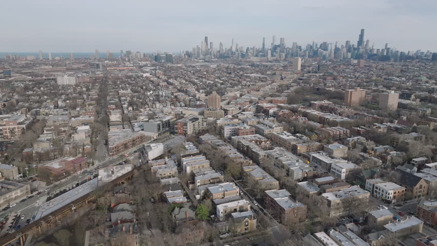 Aerial view of The Chicago L in Bucktown. Shot on a spring day.