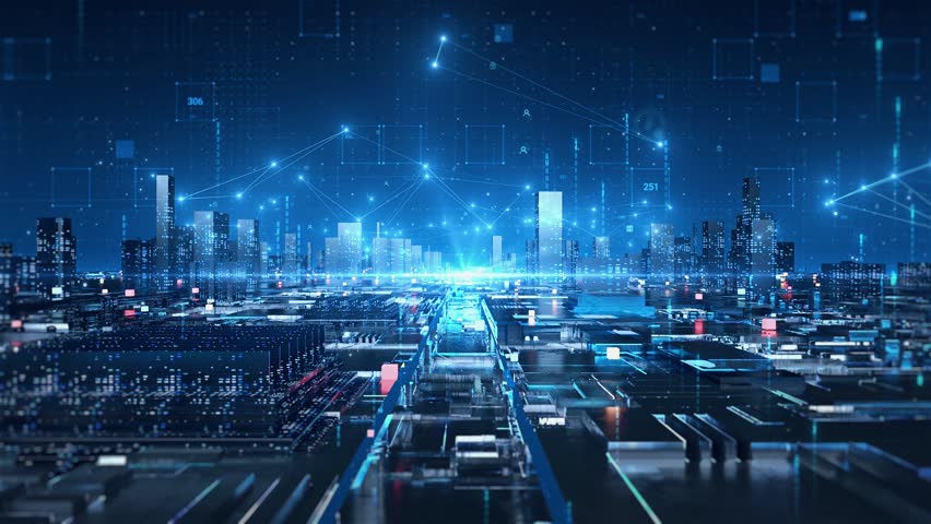 High-tech grid lines, technological block ground plane buildings, future technological city shuttle background, technological particle light elements.