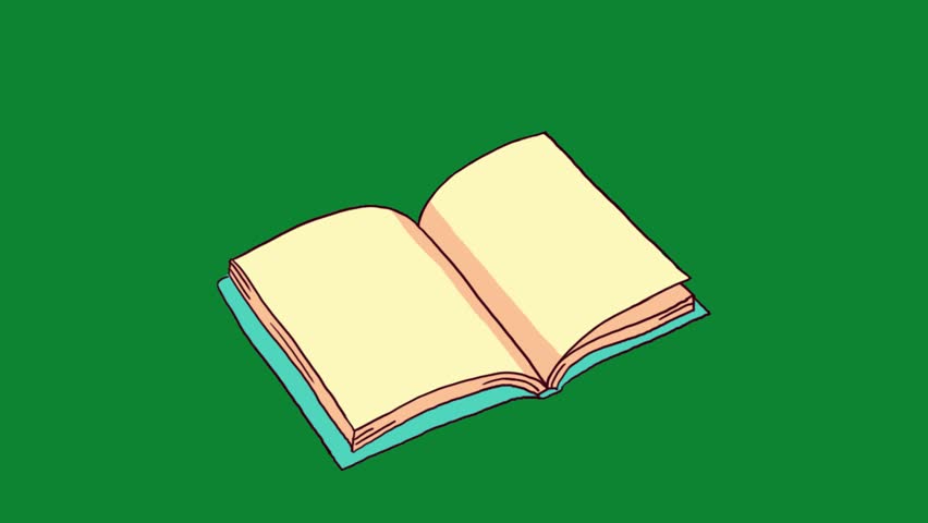 Simple animation of an open book with blank pages. Seamless loop, perfect for educational or reading-related projects. Green screen background.