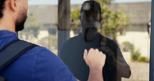 Delivery, home and hands knock on door for shipping, courier service and online shopping distribution. Respect, man and visit house for package arrival, alert homeowner and supply chain with backpack - Powered by Shutterstock - Get 15% off with code: PIKWIZARD15