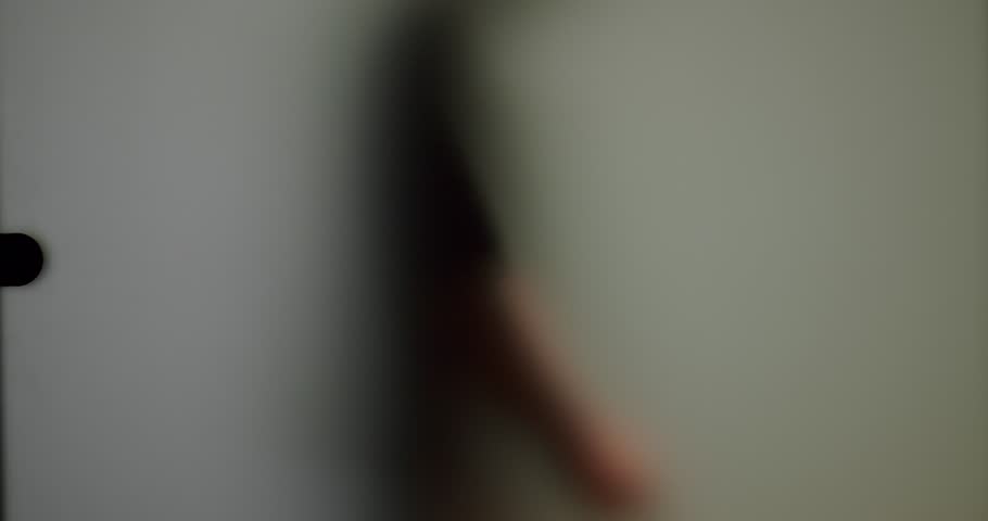 A blurred silhouette of a person seen through a frosted glass door, evoking a sense of mystery and suspense in a subdued setting.