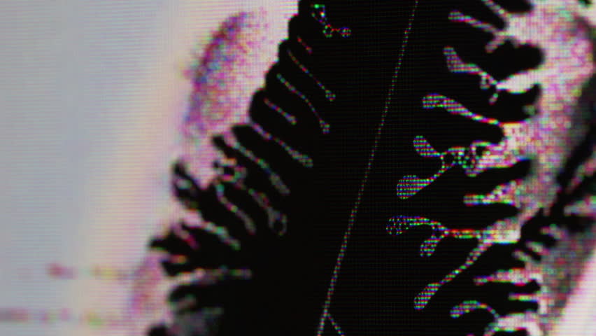 Display crack. Broken monitor. Defocused wavy spreading black liquid on light grainy distortion broadcast glitch screen. Rainbow shimmer of broken pixels texture.