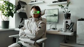 AI-powered virtual reality hacker exploring simulated cyber world. Bright neon glasses and futuristic interface create immersive experience, highlighting AI innovation and digital transformation. - Powered by Shutterstock - Get 15% off with code: PIKWIZARD15