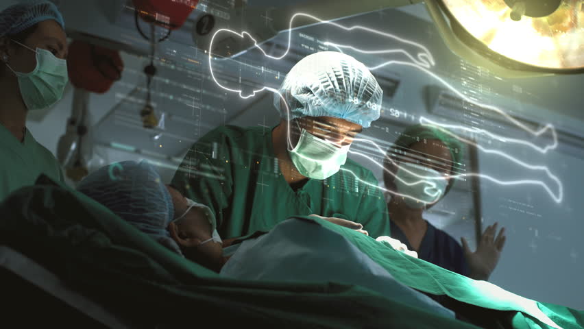 A surgeon diagnoses a senior patient using cutting-edge holographic simulation, enabling real-time visualization for a precise assessment of the patient's internal structures. Concept hospital care