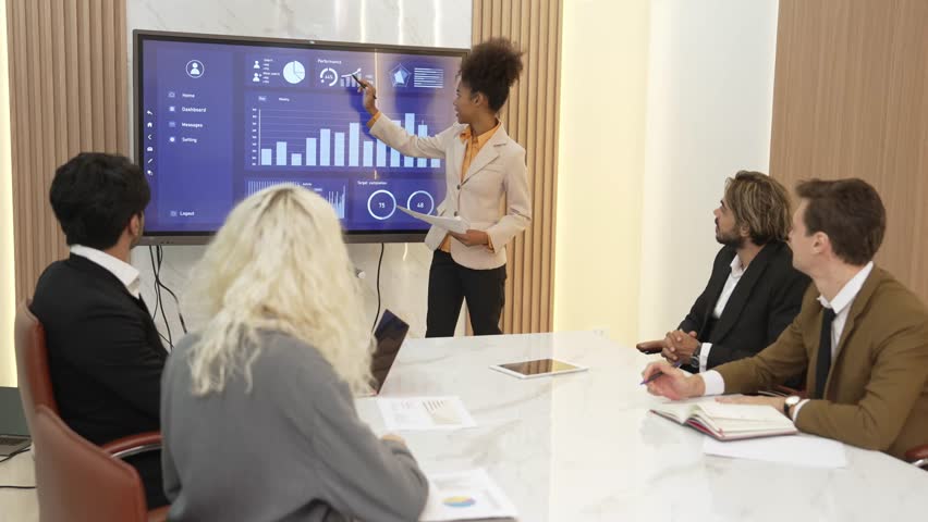Presentation in office or ornament meeting room with analyst team utilize BI Fintech to analyze financial data. Businesspeople analyzing BI dashboard power display on TV screen for strategic planning - Powered by Shutterstock - Get 15% off with code: PIKWIZARD15
