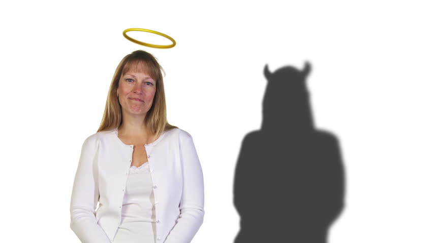 Saintly woman with a halo has a demonic horned shadow.