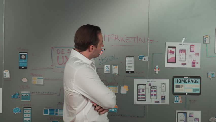 Portrait of professional start up project manager pointing at glass wall with Ux and Ui design. Young handsome businessman looking at board while thinking about marketing project idea. Manipulator.