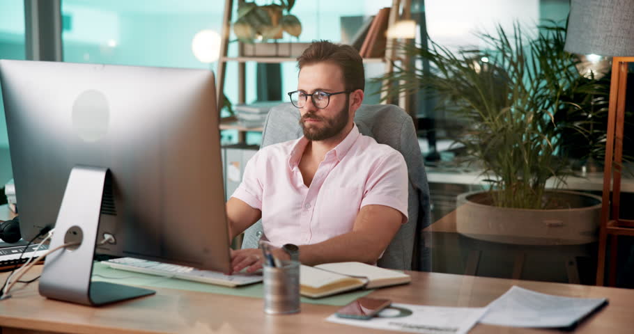 Back pain, computer and web development with man coding software in office for launch or testing. Injury, posture and spine with developer employee at desk in workplace for infrastructure code
