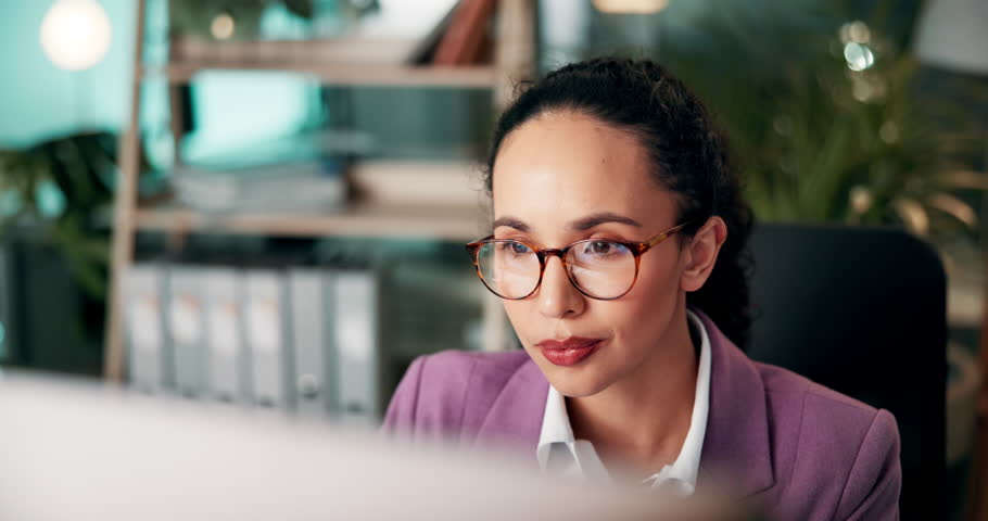 Business, thinking and woman with computer, online reading and research for sales. Person, ad agency and employee in workplace, pc and planning for company growth, choice and email for review or idea