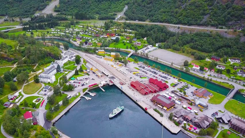 Flam aerial view. Flam is a village in Flamsdalen, at the Aurlandsfjord a branch of Sognefjord, municipality of Aurland, Norway.