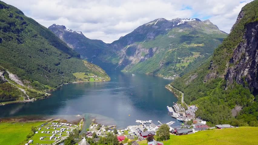 Geirangerfjord and Geiranger village aerial view in Norway