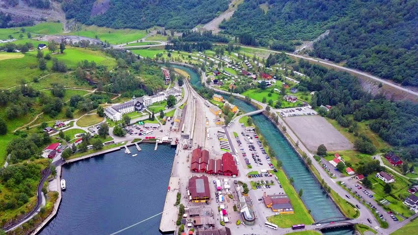 Flam aerial view. Flam is a village in Flamsdalen, at the Aurlandsfjord a branch of Sognefjord, municipality of Aurland, Norway.