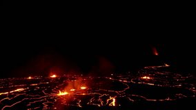 Aerial shot of an active volcanic eruption sending glowing lava across the rugged landscape. Multiple eruption points illuminate the night, revealing molten flows and plumes of smoke. - Powered by Shutterstock - Get 15% off with code: PIKWIZARD15