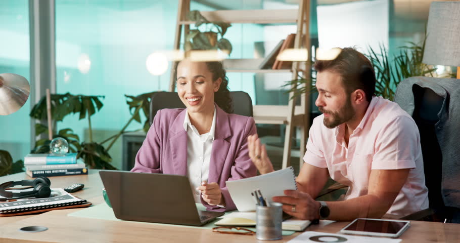 Conversation, documents and laptop with business people in office together for financial report. Collaboration, computer and paperwork with employee team in workplace for administration or discussion