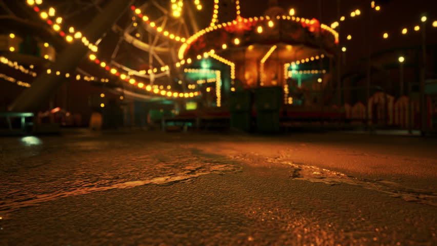 The amusement park stands silent at night, illuminated by colorful lights. Abandoned rides, including a carousel, evoke a sense of nostalgia in the empty, quiet atmosphere.