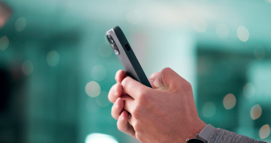 Hands, typing and person with smartphone, business and research for industry trends on web, bokeh and app. Online, media manager and employee with tech for info, mobile or plan for marketing campaign