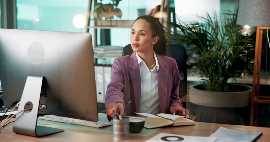 Business, woman and computer for writing in notebook for planning, finance checklist and schedule update. Accountant, online and financial notes, information report and ideas for investment reminder