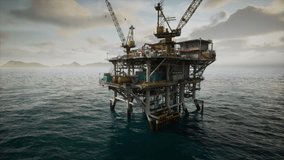 An old oil rig platform extracting oil from the ocean, surrounded by water under a clear sky. - Powered by Shutterstock - Get 15% off with code: PIKWIZARD15